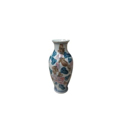 Porcelain vase with a white base, a slender body and a slightly flared neck, decorated with a continuous floral motif combining flowers in shades of pink with blue and brown leaves available for hire for events, advertising, films and TV series
