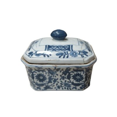 a small square porcelain box, fitted with a lid featuring a button-shaped top; available for hire for events, advertising, films and TV series