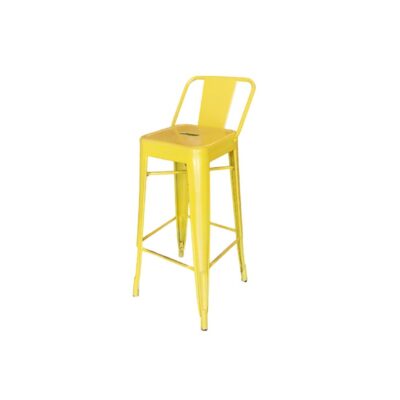 Taburete de bar amarillo es un diseño industrial inspirado en los modelos clásicos de Tolix, fabricado en acero reforzado con un acabado brillante alquiler para eventos, publicidad, peliculas y series