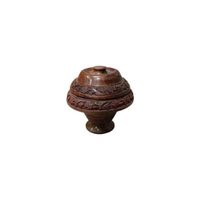A wooden storage container with a polished finish in warm brown tones, comprising a flared base, a rounded body and a snug-fitting lid topped with a small knob; available for hire for events, advertising, films and TV series