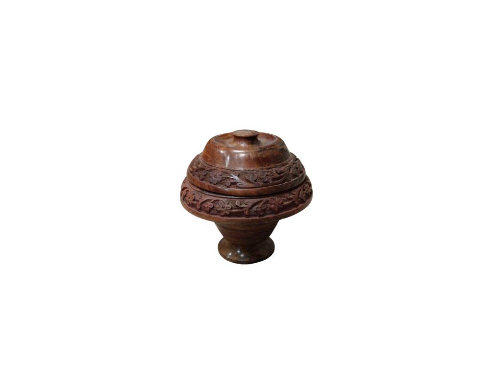 A wooden storage container with a polished finish in warm brown tones, comprising a flared base, a rounded body and a snug-fitting lid topped with a small knob; available for hire for events, advertising, films and TV series