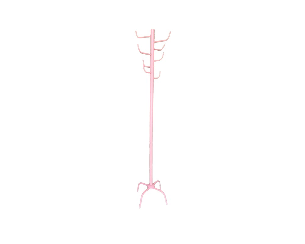A freestanding, tree-style metal coat rack in pink, featuring multiple hooks for organising clothes and accessories; available for hire for events, advertising, films and TV series
