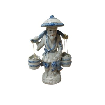 a porcelain figurine painted in the classic style, featuring blue motifs on a white background