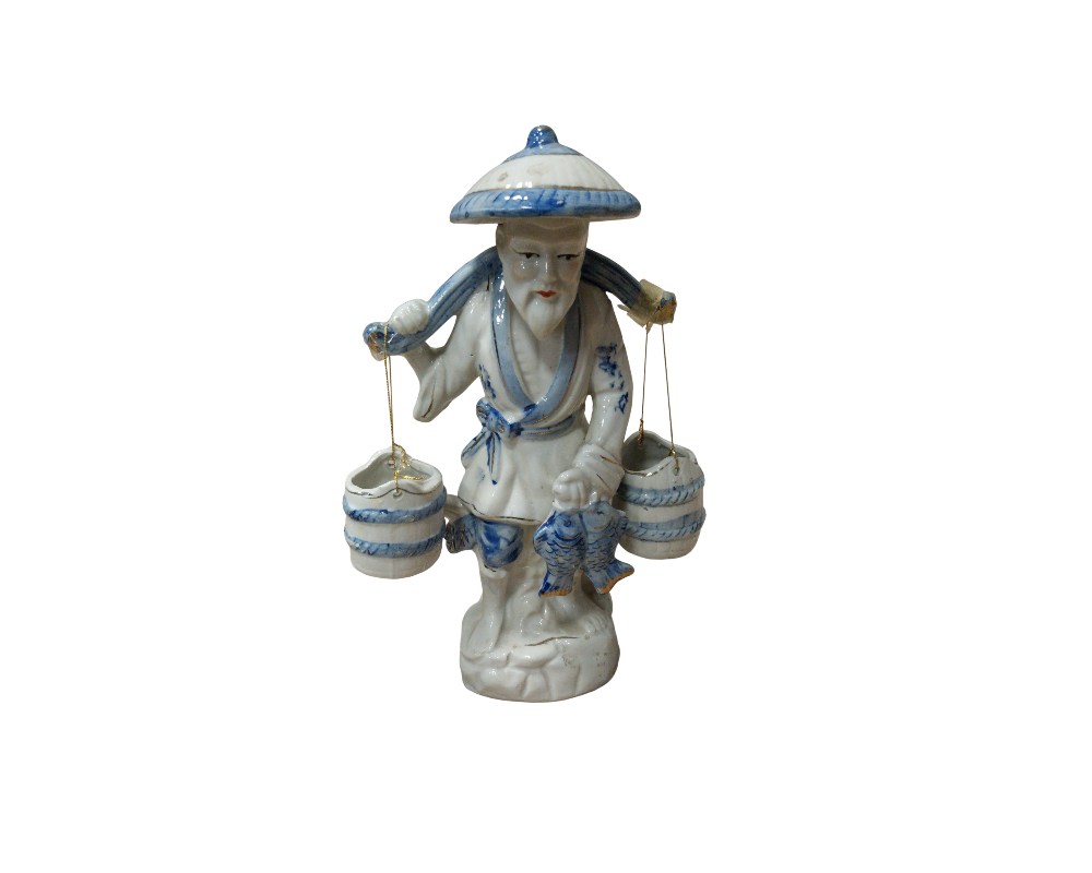 a porcelain figurine painted in the classic style, featuring blue motifs on a white background