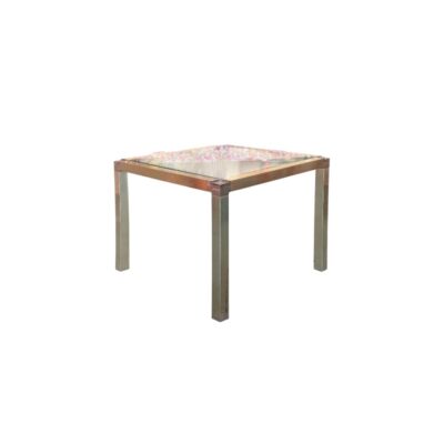 Mid-century side table featuring a brass and chrome frame with a tinted glass top – available for hire for events, advertising, films and TV series