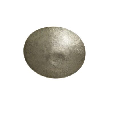 A deep, circular metal bowl, characterised by a textured surface with a rustic, aged finish in dark metallic tones; available for hire for events, advertising, films and TV series