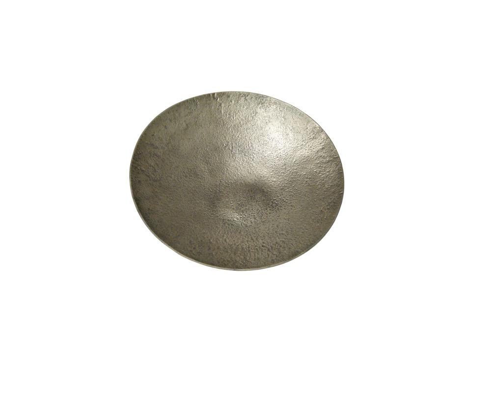A deep, circular metal bowl, characterised by a textured surface with a rustic, aged finish in dark metallic tones; available for hire for events, advertising, films and TV series