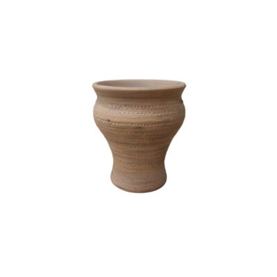 a ceramic vessel in earthy tones, characterised by a rounded top, a narrow base and a surface decorated with multiple horizontal lines formed by small incised dots; available for hire for events, advertising, films and TV series
