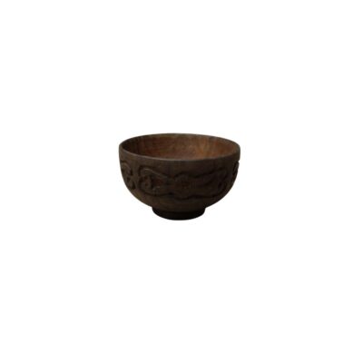 A round wooden bowl in natural dark brown tones, characterised by a small circular base and a band carved in relief with geometric and curvilinear motifs around its body. Available for hire for events, advertising, films and TV series.