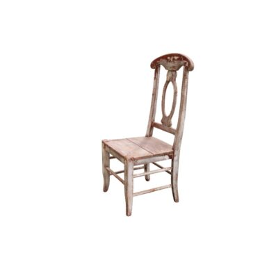 The Almansa rustic-style chair features a distressed white paint finish on wood; available for hire for events, advertising, films and TV series