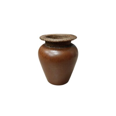 A ceramic vase in warm brown tones, characterised by a globular body with a smooth surface and a narrow base, distinguished by a short neck and a wide upper rim, both covered with a fine, hand-woven pattern of plant fibre or wicker. Available for hire for events, advertising, films and TV series.