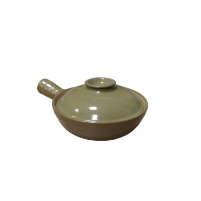 ceramic saucepan with a glazed finish in shades of green and brown, characterised by a low, rounded body, a tight-fitting lid with a central handle and a short side handle; available for hire for events, advertising, films and TV series