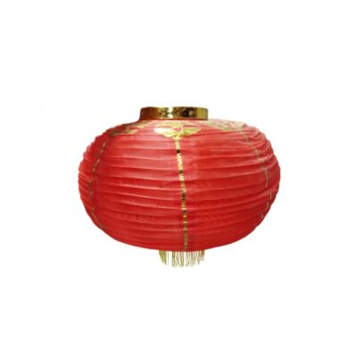 A decorative red roll with a flattened spherical shape, featuring a pleated design with lines and gold-finish details, a shiny top section and hanging fringes at the bottom; available for hire for events, advertising, films and TV series