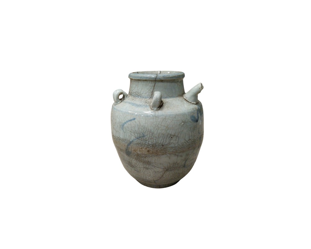 ceramic vessel with a light-coloured glaze and a pronounced crackle effect; available for hire for events, advertising, films and TV series
