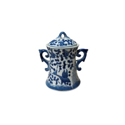 A small vessel with a lid and two symmetrical side handles, made of porcelain. It features traditional cobalt blue decoration on a white background, with motifs including foliage, stylised flowers and the figure of a bird – elements commonly found in Oriental ceramics. Available for hire for events, advertising, films and TV series