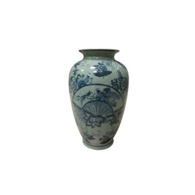 A porcelain vase with an oval body and a slightly flared neck, characterised by intricate blue decoration on a light background, featuring fan-shaped panels, birds and traditional floral motifs; available for hire for events, advertising, films and TV series