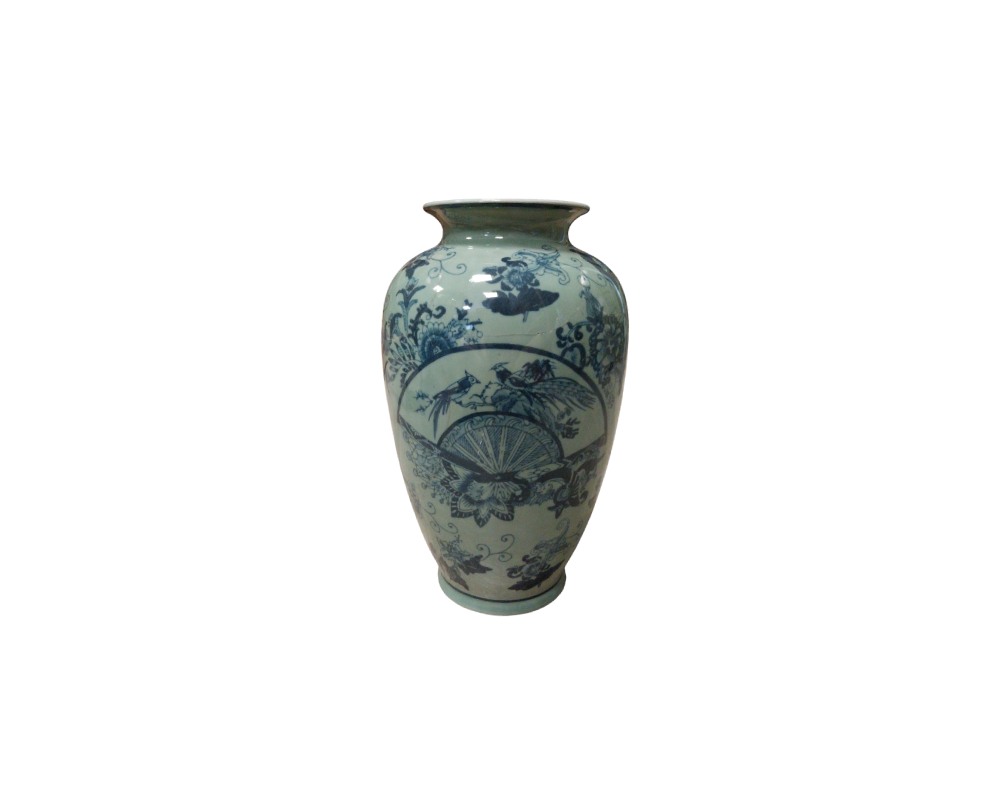 A porcelain vase with an oval body and a slightly flared neck, characterised by intricate blue decoration on a light background, featuring fan-shaped panels, birds and traditional floral motifs; available for hire for events, advertising, films and TV series