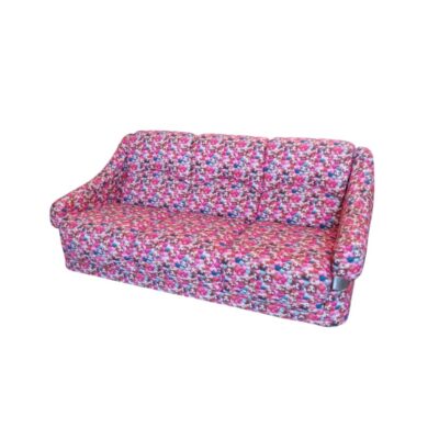 Three-seater sofa featuring a bold design with colourful upholstery in a pattern of puppies and hearts in shades of pink; available for hire for events, advertising, films and TV series