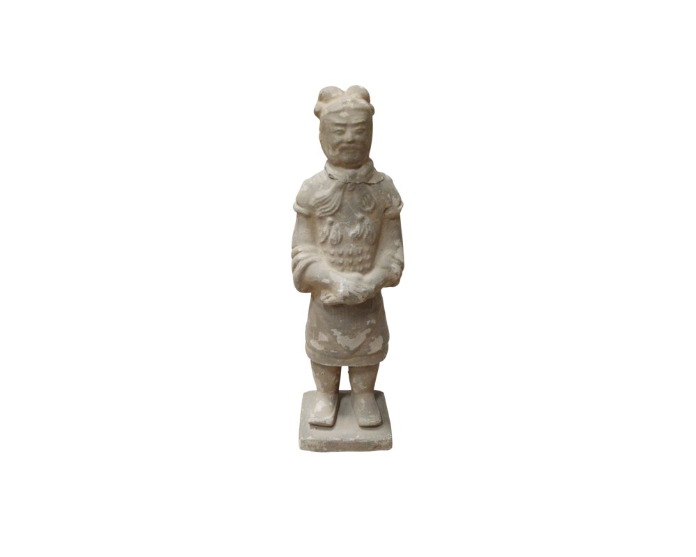 A statuette depicting a terracotta warrior, inspired by the famous figures from the mausoleum of the First Emperor Qin; available for hire for events, advertising, films and TV series