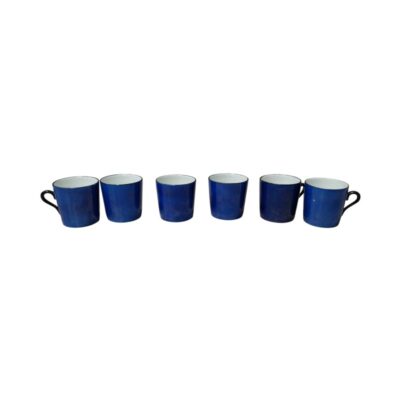 comprising six small cylindrical cups, characterised by an exterior finish in a deep blue shade and a contrasting white interior; available for hire for events, advertising, films and TV series