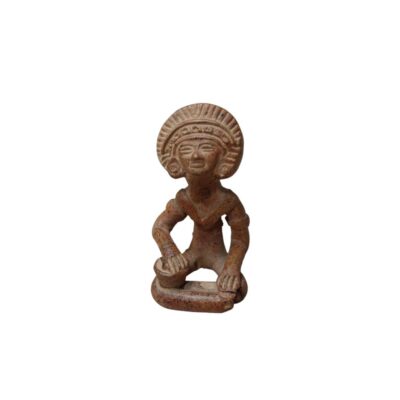 Terracotta statuette depicting a human figure in a seated position, possibly taking part in a ritual activity; available for hire for events, advertising, films and TV series