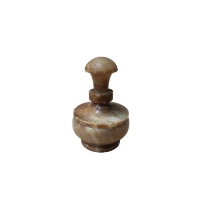 A small jar carved from natural stone with veining in shades of brown and beige, characterised by a rounded base, a globular body and an elongated top with a rounded finish; available for hire for events, advertising, films and TV series