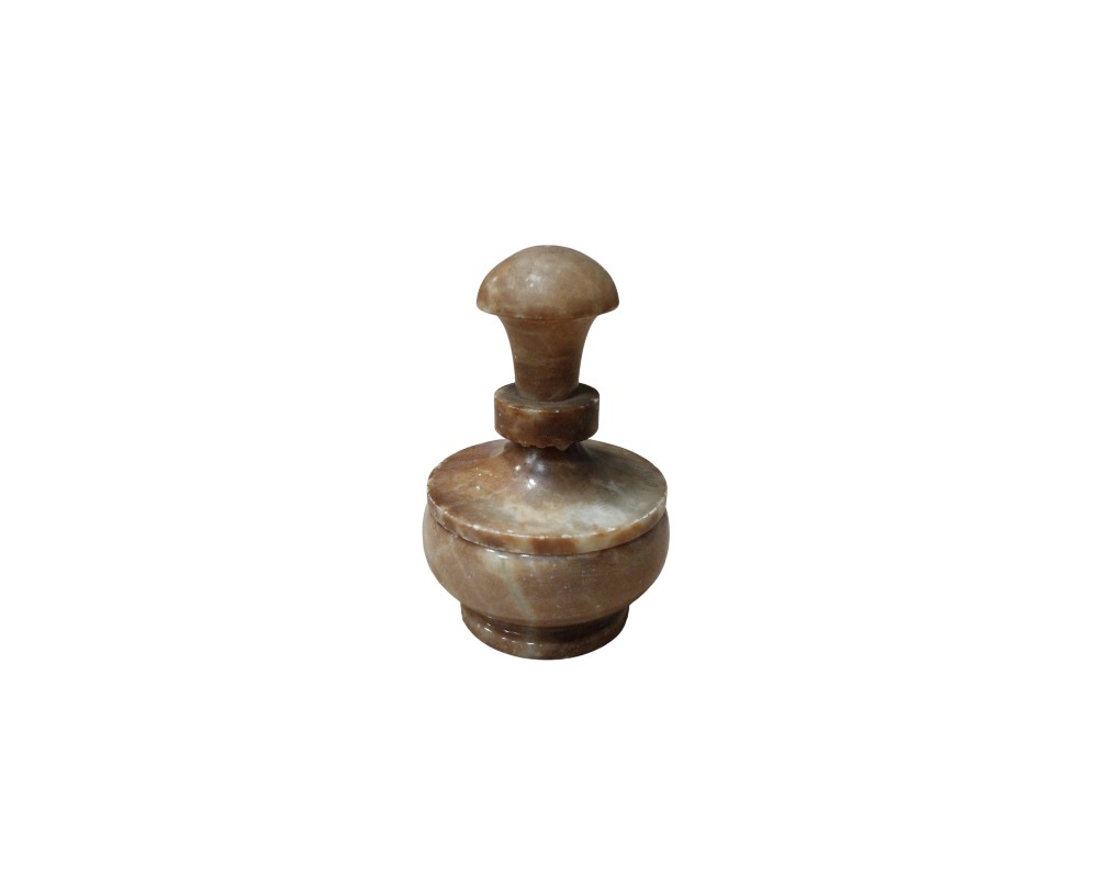 A small jar carved from natural stone with veining in shades of brown and beige, characterised by a rounded base, a globular body and an elongated top with a rounded finish; available for hire for events, advertising, films and TV series