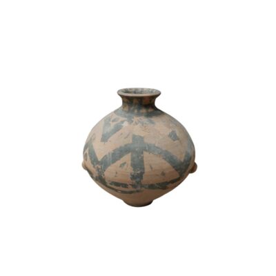 A globular ceramic vessel with a widened mid-section and a narrow base, characterised by a short neck with an open rim and a light earth-toned finish decorated with dark geometric patterns in an ancient style; available for hire for events, advertising, films and TV series