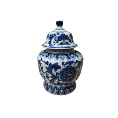 Porcelain ginger jar with its original lid. It has a classic spherical shape and is decorated using the traditional cobalt blue technique on a white background. Available for hire for events, advertising, films and TV series.