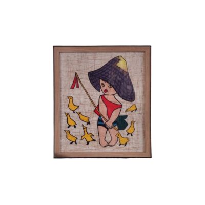 A vertically oriented, wood-framed artwork featuring an illustration on fabric depicting a child wearing a traditional wide-brimmed hat and carrying a walking stick, leading a group of yellow ducks. Available for hire for events, advertising, films and TV series.