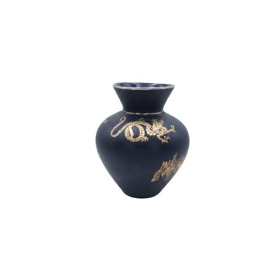 A ceramic piece with a dark matt finish and a flared neck, characterised by an elegant relief or painted decoration in golden tones depicting a traditional dragon and other figurative elements on its globular body; available for hire for events, advertising, films and TV series
