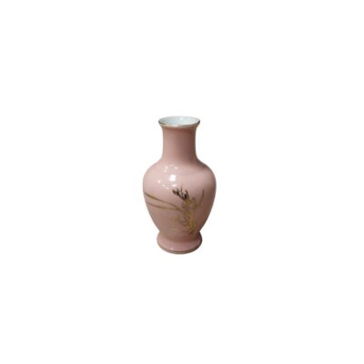 A small vase with a glossy, soft pink glazed finish, characterised by a rounded body, a slender neck that widens at the rim, and a circular base; available for hire for events, advertising, films and TV series
