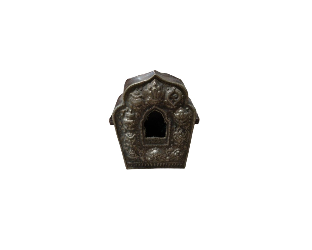 A portable metal reliquary, characterised by a surface featuring intricate engravings and reliefs of traditional or oriental motifs, and a small central arched opening; available for hire for events, advertising, films and TV series