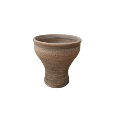 A ceramic vessel in shades of brown with an aged appearance, characterised by a flared shape with a narrow base that widens towards the rim, and a surface decorated with multiple horizontal lines of incised, raised patterns; available for hire for events, advertising, films and TV series