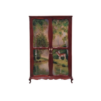 A cupboard with front doors decorated with a landscape-style painting depicting a forest with a deer beside a body of water – available for hire for events, advertising, films and TV series