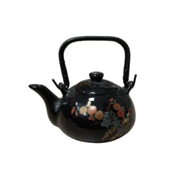 This ceramic teapot features an elegant glossy black glazed finish, decorated with delicate chrysanthemum motifs in shades of gold, red and grey. The design features a curved handle wrapped in dark braided cord, adding a traditional yet functional touch to the piece, which is available for hire for events, advertising, films and TV series.