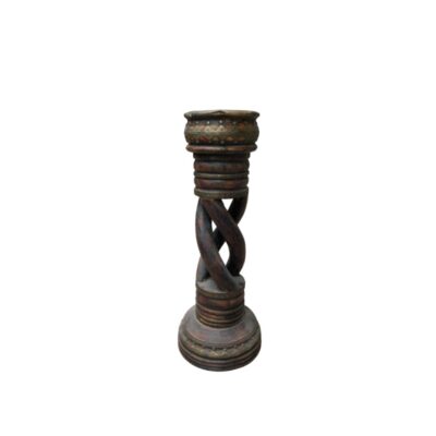 Cylindrical wooden stand, characterised by a structure with a central shaft featuring a Solomonic or braided design, a wide circular base and decorative rings with metal inlays and studs; available for hire for events, advertising, films and TV series