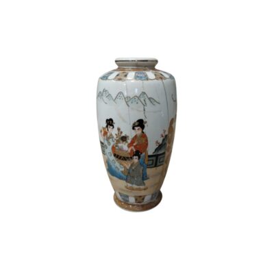 A porcelain vase with a cylindrical body and a fluted base, characterised by detailed polychrome painting depicting a group of traditional figures in colourful attire set in a garden setting, accompanied by ornamental borders at the top and bottom; available for hire for events, advertising, films and TV series