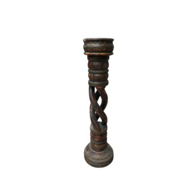 Wooden candelabra, characterised by a structure with a central shaft featuring a Solomonic or braided design, a wide circular base and decorative rings with metal inlays and studs; available for hire for events, advertising, films and TV series