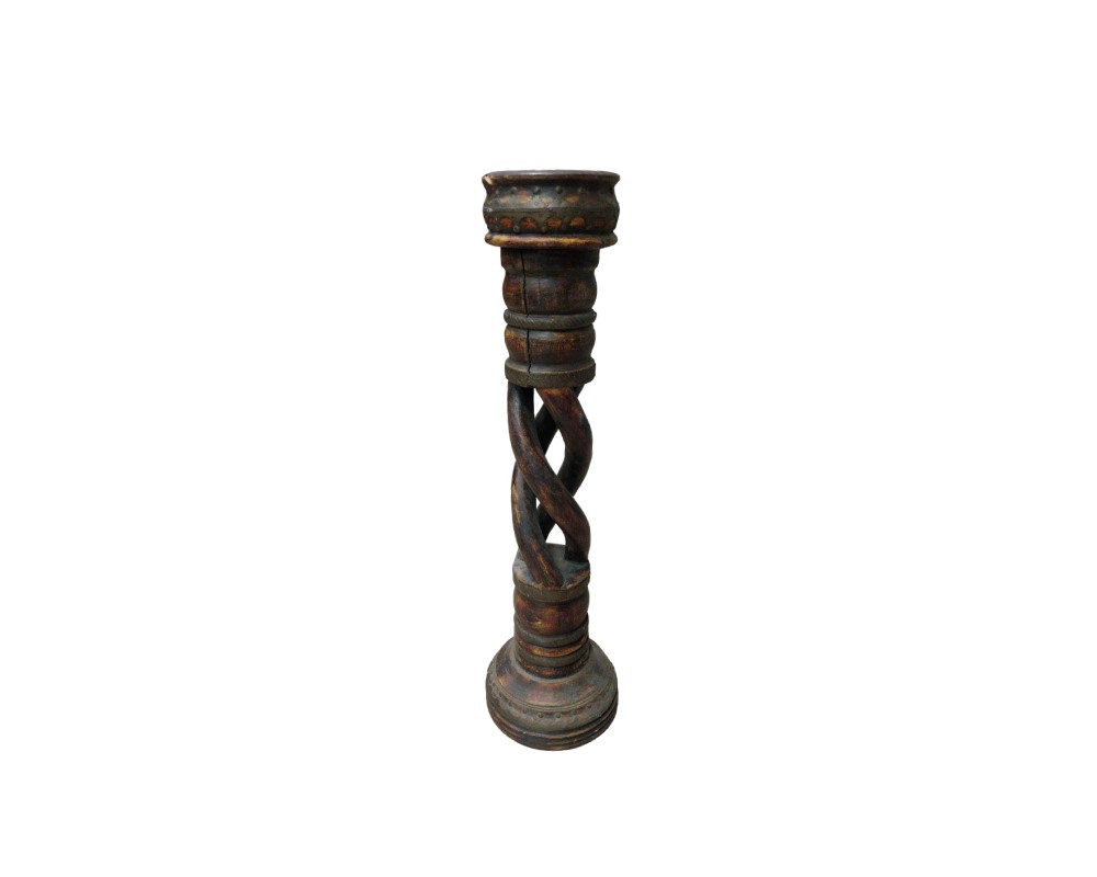Wooden candelabra, characterised by a structure with a central shaft featuring a Solomonic or braided design, a wide circular base and decorative rings with metal inlays and studs; available for hire for events, advertising, films and TV series
