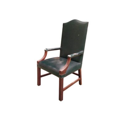 Gainsborough-style side chair or desk chair, made of wood and upholstered in green leather, with signs of wear on the armrests; available for hire for events, advertising, films and TV series