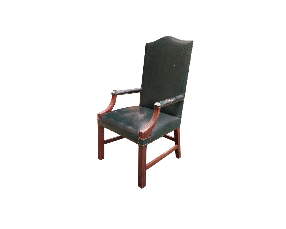 Gainsborough-style side chair or desk chair, made of wood and upholstered in green leather, with signs of wear on the armrests; available for hire for events, advertising, films and TV series