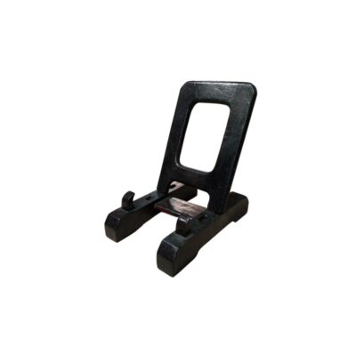 Adjustable and foldable stand made from dark wood, functionally designed to hold and display plates, pictures, photo frames or other flat decorative objects; available for hire for events, advertising, films and TV series