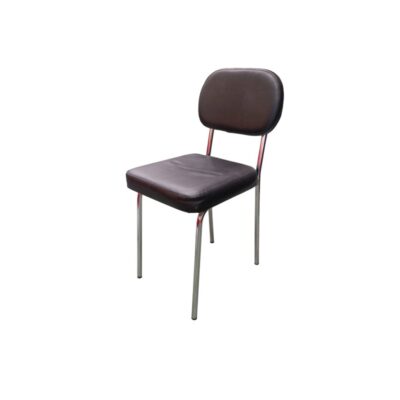 Vintage industrial chair featuring a chrome-plated metal frame with a seat and backrest upholstered in black suede; available for hire for events, advertising, films and TV series