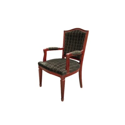 Sillón de estilo Imperio francés presenta una estructura de caoba tallada con un tapizado oscuro estampado alquiler para eventos, publicidad, peliculas y series