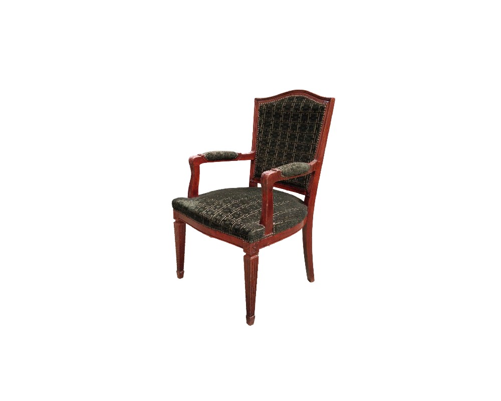 Sillón de estilo Imperio francés presenta una estructura de caoba tallada con un tapizado oscuro estampado alquiler para eventos, publicidad, peliculas y series