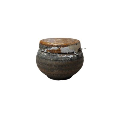 a small, handcrafted or rustic-style ceramic container, comprising a spherical base with a textured surface and a matching flat lid; available for hire for events, advertising, films and TV series