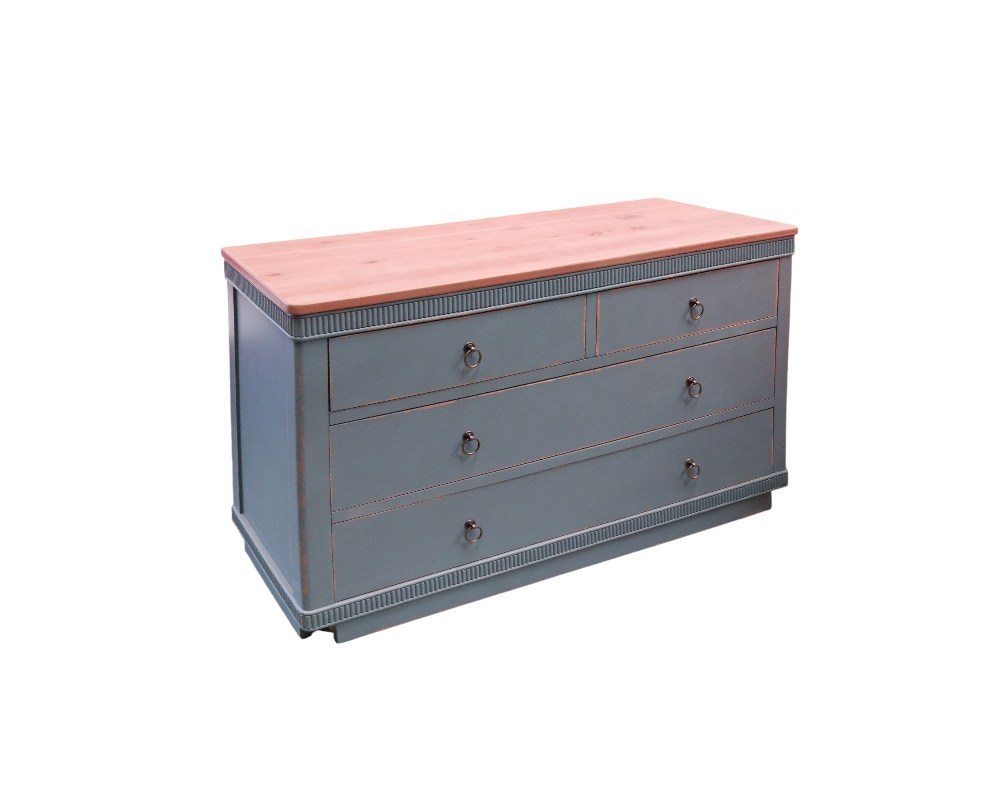 Blue spruce and natural wood chest of drawers with four drawers and metal handles – available for hire for events, advertising, films and TV series