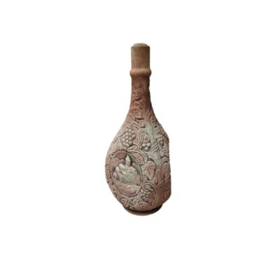 a ceramic bottle with a textured finish and aged earthy tones, characterised by a tall, slender neck that tapers into a narrow mouth, and a rounded body decorated with intricate sculptural reliefs featuring plant motifs, bunches of grapes and a central medallion depicting an architectural motif; available for hire for events, advertising, films and TV series
