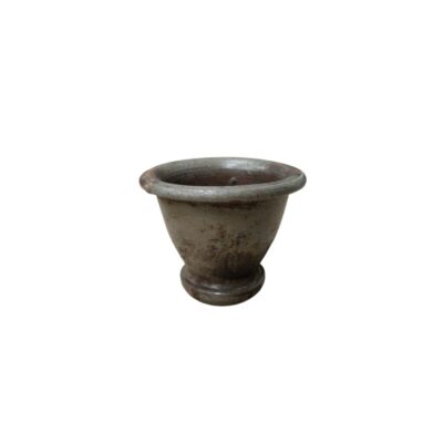 A ceramic vessel with a textured finish in dark and greyish tones, characterised by a circular, flared base, a conical body that widens towards the top, and a thick, rolled rim; available for hire for events, advertising, films and TV series